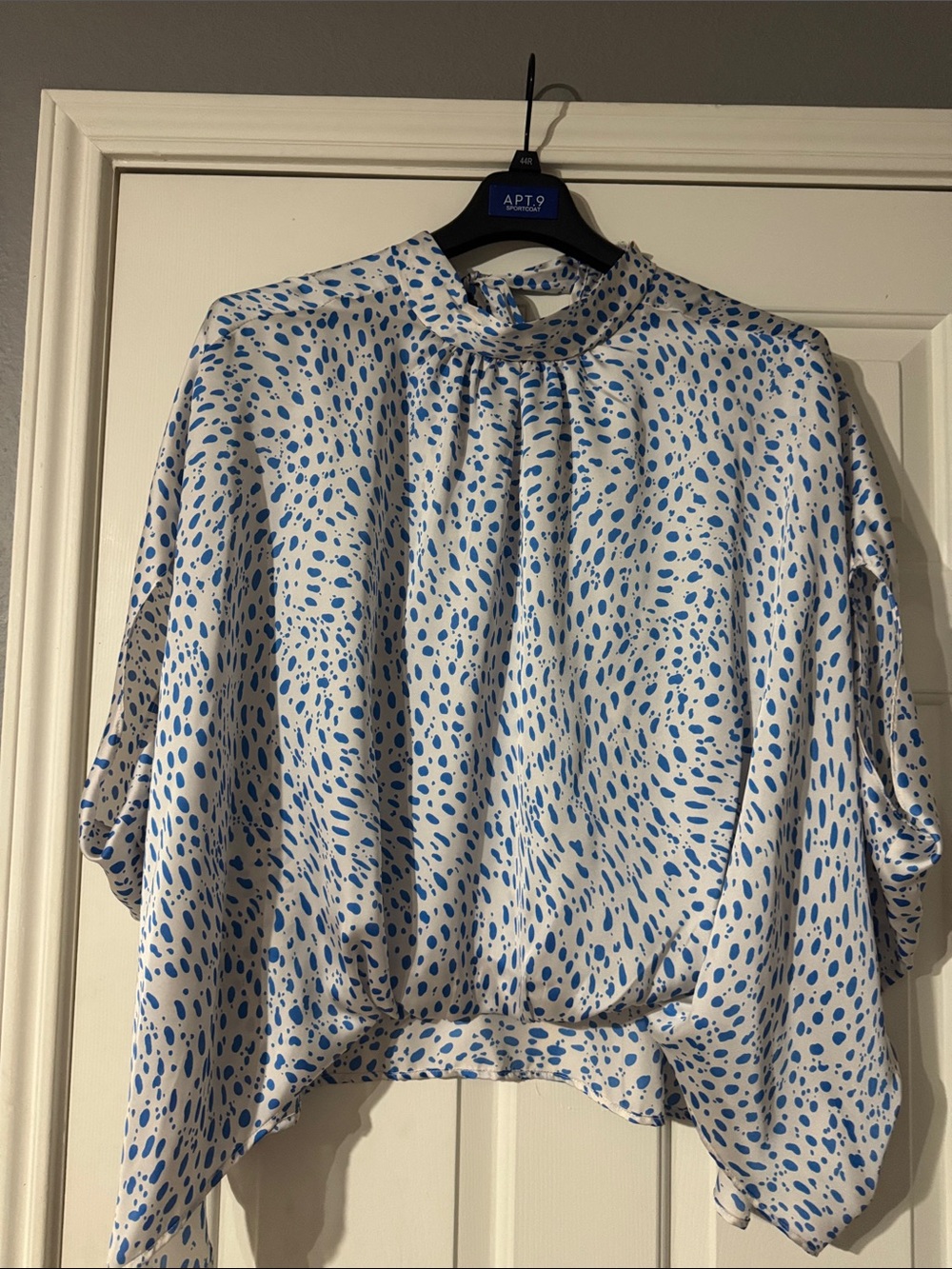 Tyche White Blouson Top with Blue Spot Print